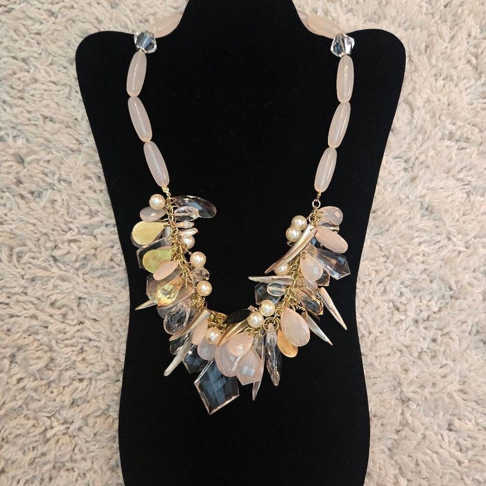 NEW Blush Pink Statement Necklace Abalone, Pearl and Crystal Beads Gold Accents